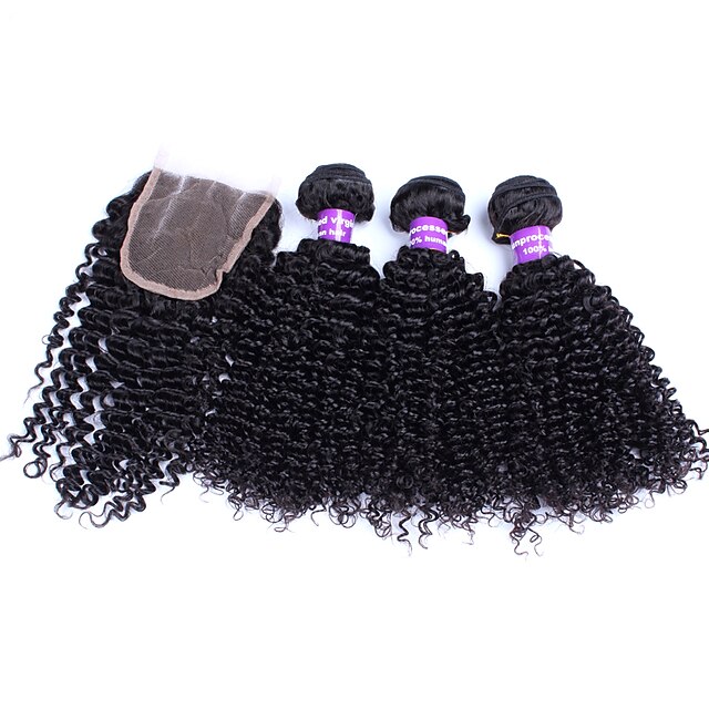  Malaysian Hair Weft with Closure Loose Wave Curly Weave Hair Extensions 4 Pieces Black natural black