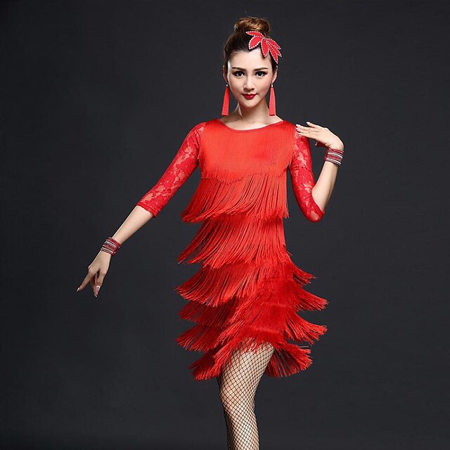  Latin Dance Top Lace Tassel Women's Performance Half Sleeve High Nylon Chinlon