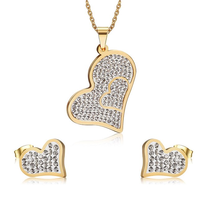  Women's Rhinestone Sweet Heart Style Gold Alloy Necklace Earrings Jewelry Set