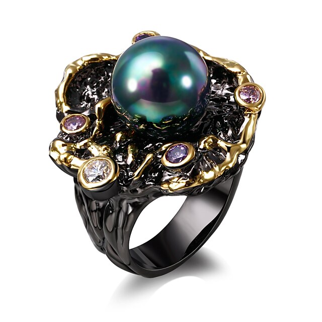  Elegant Flower Fresh water pearl Cubic Zirconia 18K Gold & Black Plated Luxury rings for women