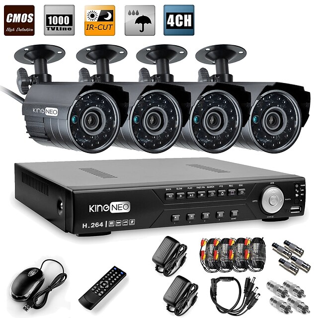  Ultra levná 4 kanálová H.264 CCTV DVR sadas  4 kamerami CMOS s nočním viděním 