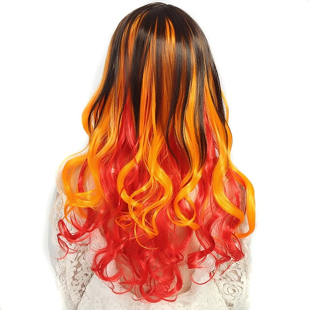  kvinner lange dype bølge krøllete syntetisk hår parykk orange varmebestandig