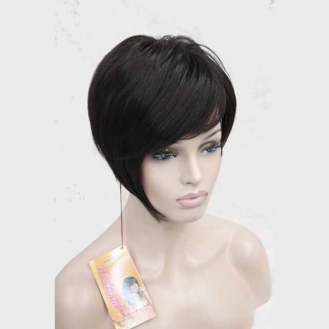  high quality heat resistance synthetic fiber asymmetrical tilted bangs dark brownshort wig