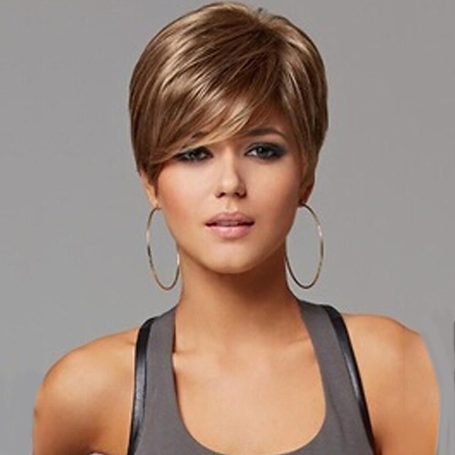  Capless Mix Color Extra Short High Quality Natural Straight Hair Synthetic Wig with Side Bang