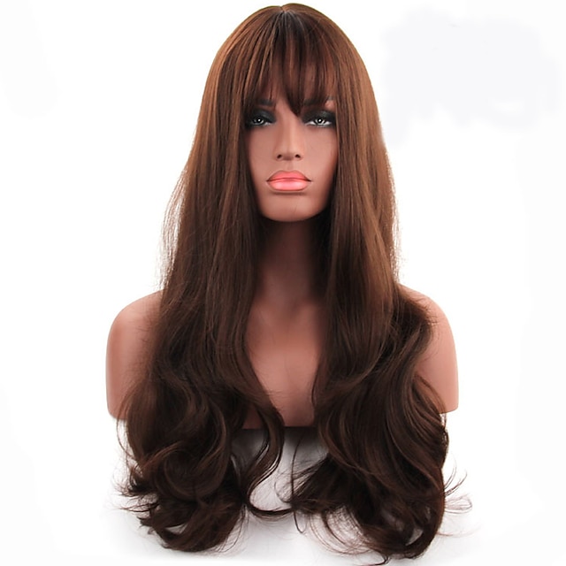  Synthetic Wig Wavy Style With Bangs Capless Wig Brown Brown Synthetic Hair Women's Middle Part Brown Wig Long Halloween Wig