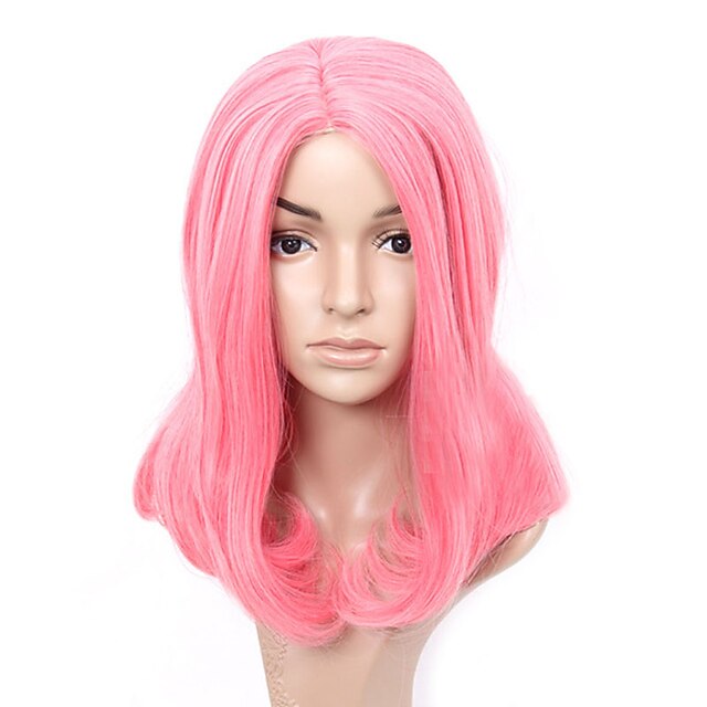  Mulher Perucas sintéticas Sem Touca Médio Liso Rosa claro Corte Bob Peruca para Fantasia