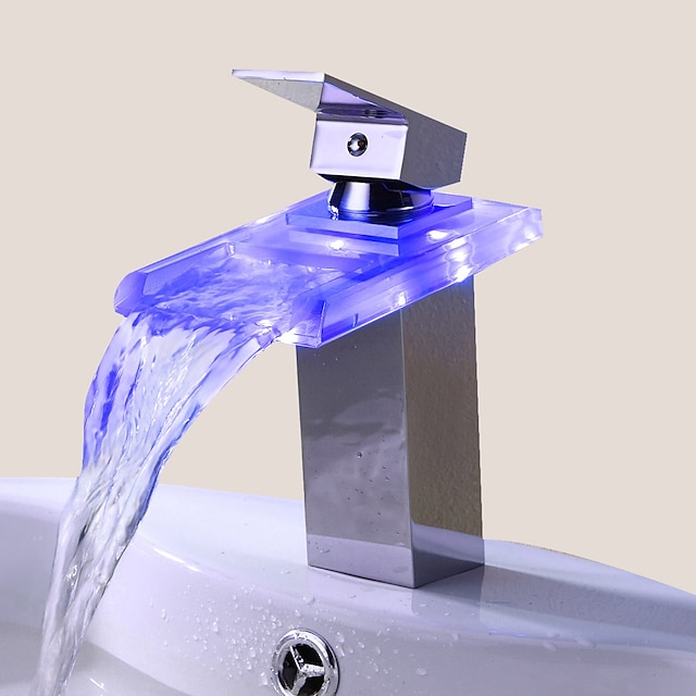 Μπάνιο βρύση νεροχύτη - LED / Καταρράκτης Χρώμιο Αναμεικτικές με ενιαίες βαλβίδες Μία Οπή / Ενιαία Χειριστείτε μια τρύπαBath Taps / Ορείχαλκος