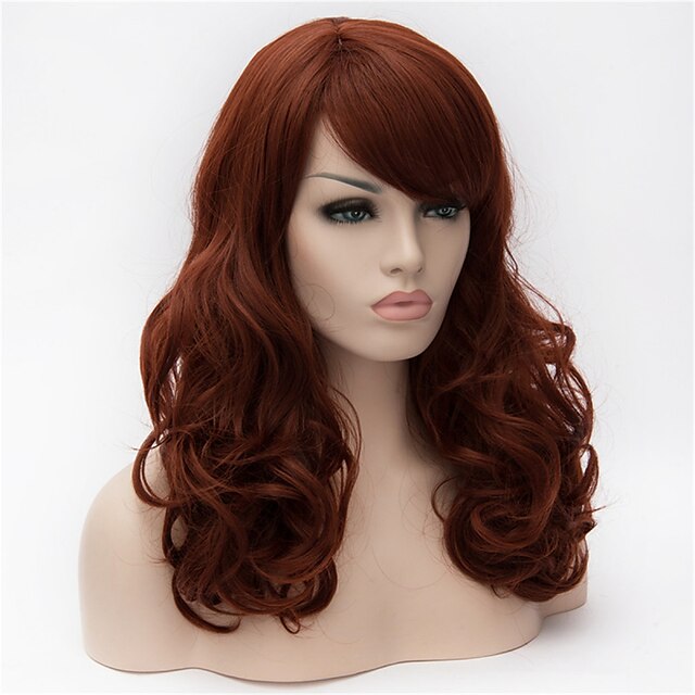  Synthetic Wig Curly Curly Asymmetrical With Bangs Wig Long Dark Auburn#33 Synthetic Hair Women's Natural Hairline Brown