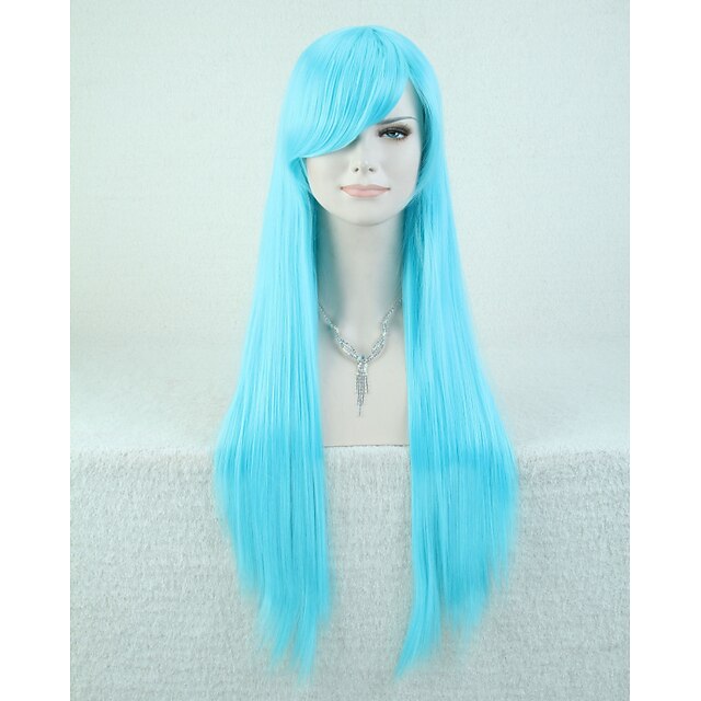  Synthetic Wig Straight Straight Wig Long Blue Synthetic Hair Women's Blue