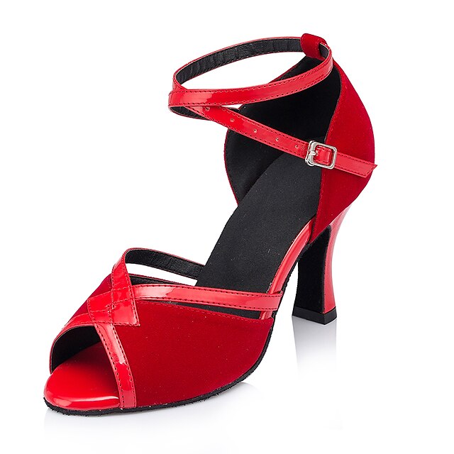  Damen Latin Beflockung Sandalen Absätze Anfänger Innen Verschlussschnalle Keilabsatz Rot 1 