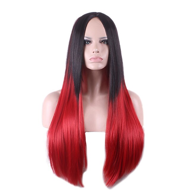  Harajuku Black Red Ombre Wig Pelucas Pelo Straight Natural Synthetic Wigs Heat Resistant Halloween Perruque Cosplay Wigs