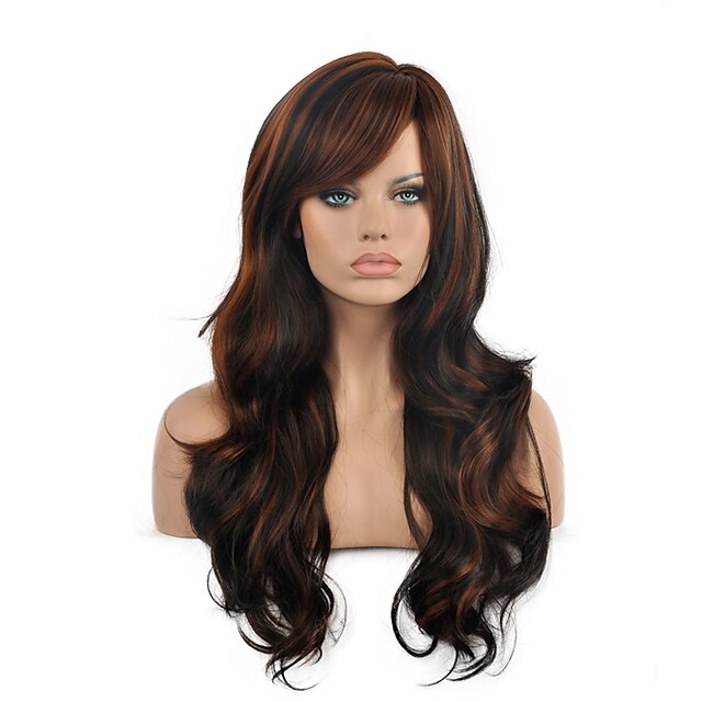  Synthetic Wig Wavy Wavy With Bangs Wig Long Brown Synthetic Hair Women's Ombre Hair Highlighted / Balayage Hair Side Part Brown