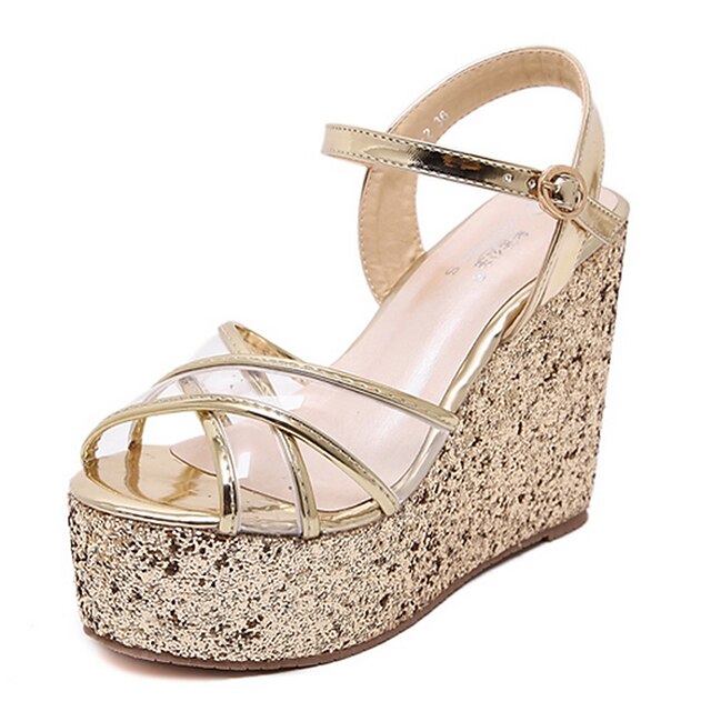  Women's Shoes PU Summer Wedges / Open Toe Sandals Dress Wedge Heel Sequin Silver / Rose Gold