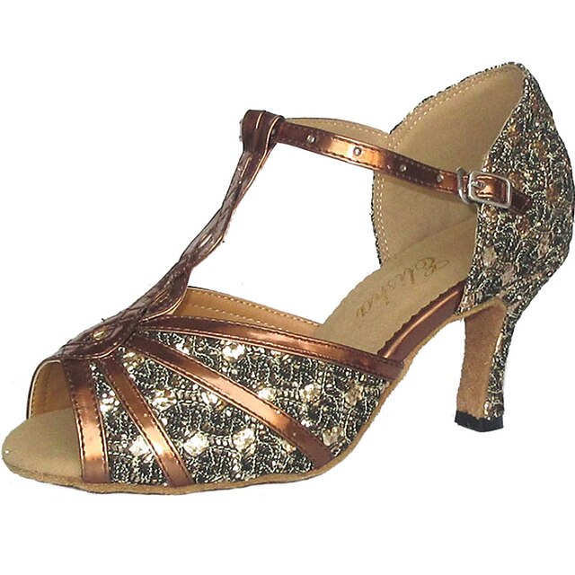  Damen Schuhe für den lateinamerikanischen Tanz Sandalen Maßgefertigter Absatz Bronze Schwarz Rot Schnalle Funkelnde Schuhe / Wildleder / Glitzer / EU43