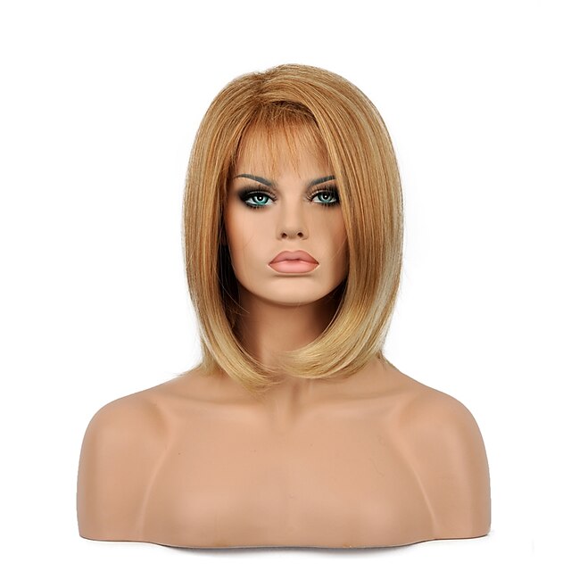  Top Quality Ombre Blonde Brown Color Wig Middle Length BOBO Straight Hair Synthetic Wigs