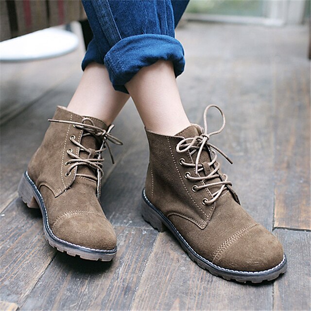  Women's Shoes Cowhide Spring / Fall / Winter Combat Boots Boots Outdoor / Casual Low Heel Lace-up Brown / Camel