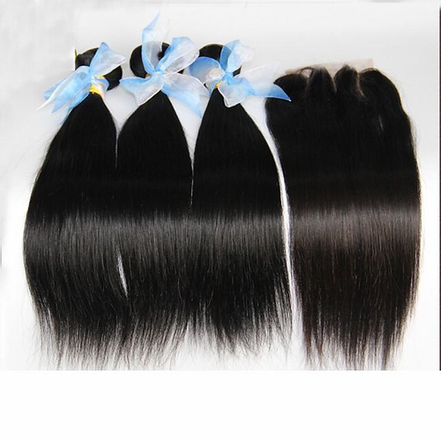  4Pcs Lot Peruvian Straight Virgin Hair With Closure 3Bundles Unprocessed Peruvian Human Hair Weave With 1pc Lace Closure