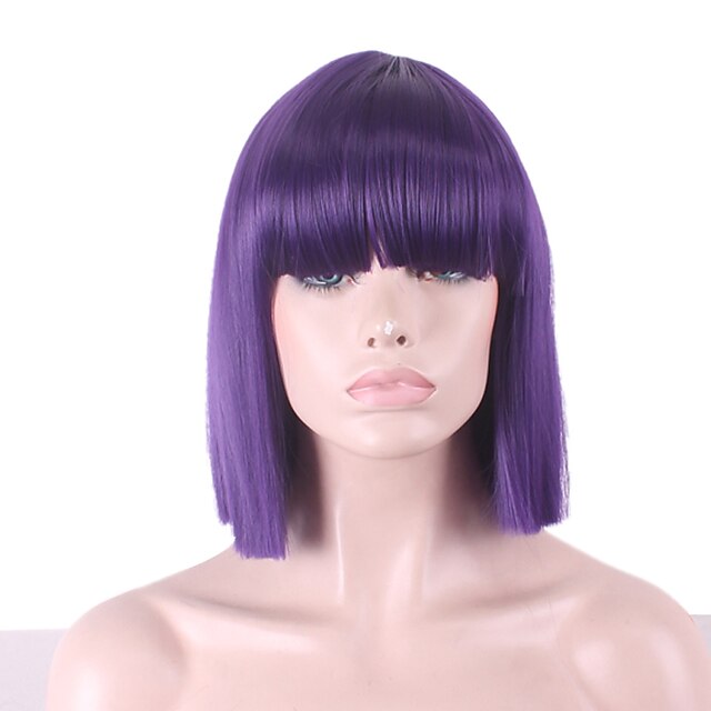  Perucas sintéticas Liso Yaki Reto Yaki Corte Bob Com Franjas Peruca Médio Cabelo Sintético Mulheres Riscas Naturais Roxo