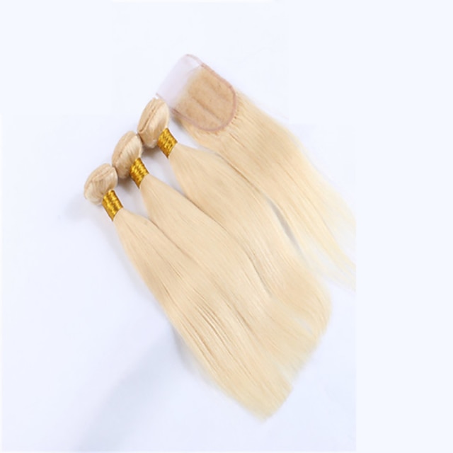  Hair Weft with Closure Brazilian Texture Straight 4 Pieces hair weaves