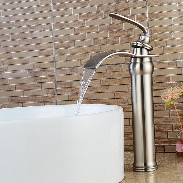  Håndvasken vandhane - Vandfald Nikkel Børstet Centersat Enkelt håndtag Et HulBath Taps / Messing