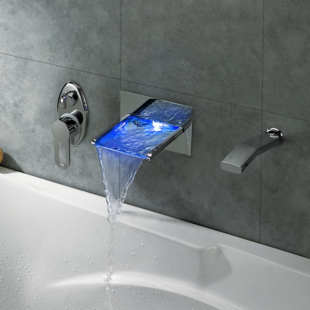  ברז למקלחת / ברז לאמבטיה / ברז מטבח - מפל מים / LED כרום סט מרכזי שתי ידיות ארבעה חורים