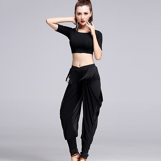  Latin Dance Outfits Women's Performance Tulle / Milk Fiber / Modal Tassel(s) 2 Pieces Black  Short Sleeve Top / Pants