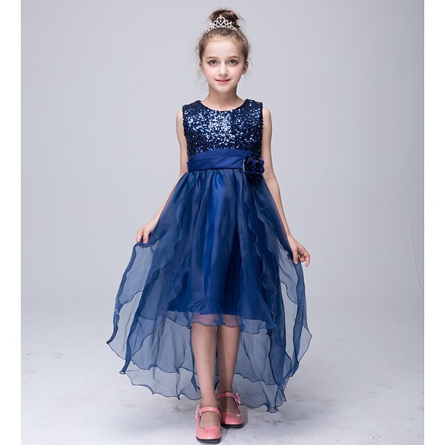  A-Line Asymmetrical Flower Girl Dress - Tulle / Sequined Sleeveless Jewel Neck with Sequin / Bow(s) / Sash / Ribbon by
