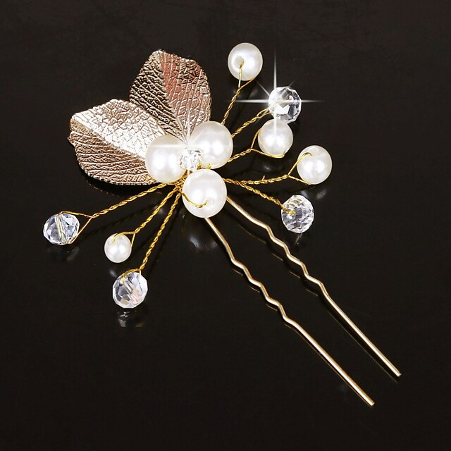 Women's  Gold Leaf Olive Shape Hair Stick Pin for Wedding Party Hair Jewelry with Pearl Crytsal