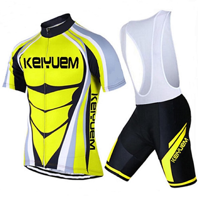  KEIYUEM Men's Women's Short Sleeve Cycling Jersey with Bib Shorts Summer Coolmax® Mesh Silicon Bike Clothing Suit Breathable Quick Dry Back Pocket Sweat-wicking Sports Classic Clothing Apparel