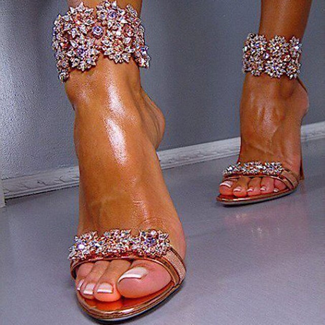  Women's Crystal Sandals PU(Polyurethane) Spring / Summer / Fall Sandals Stiletto Heel Crystal / Flower Red / Golden / Wedding / Party & Evening / Party & Evening