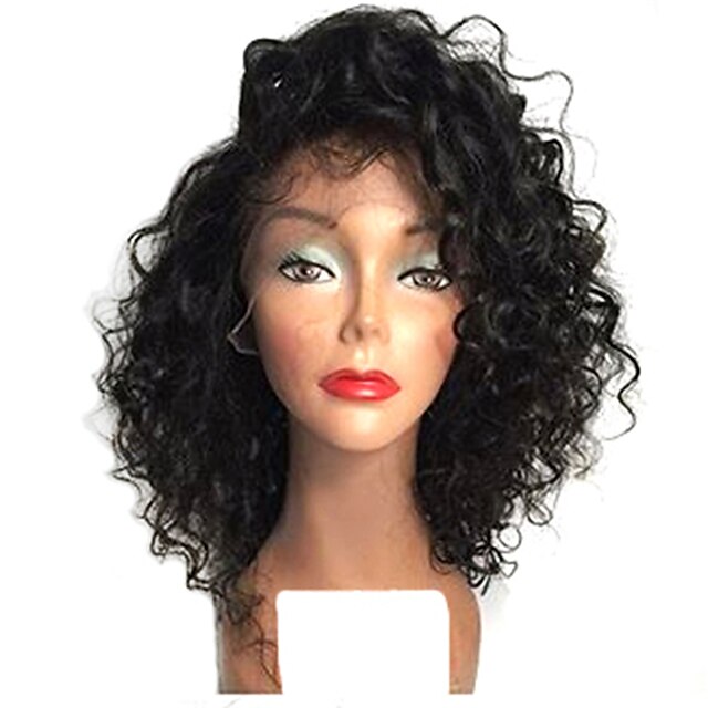  Aidot hiukset Full Lace Peruukki Bob-leikkaus Otsatukalla tyyli Brasilialainen Kihara Peruukki ja vauvan hiukset Luonnollinen hiusviiva Afro-amerikkalainen peruukki 100% käsinsidottu Naisten Lyhyt