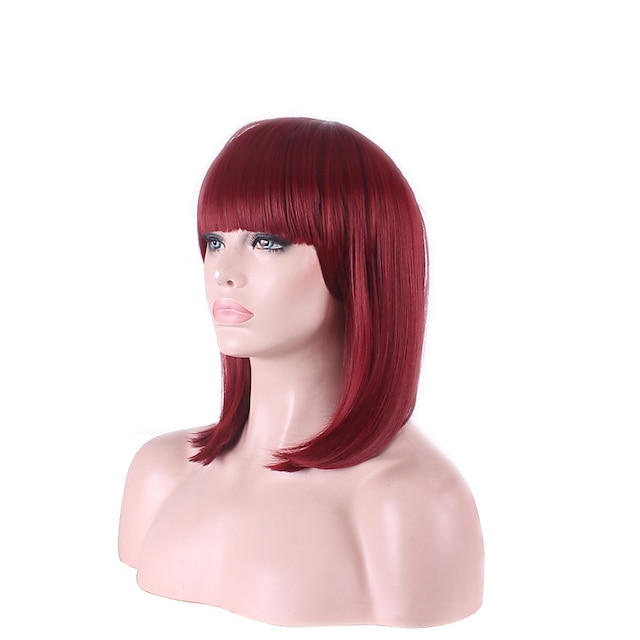  συνθετική περούκα cosplay περούκα ίσια μπομπ περούκα κοντή μεσαίου μήκους Fuxia συνθετικά μαλλιά γυναικεία κόκκινα
