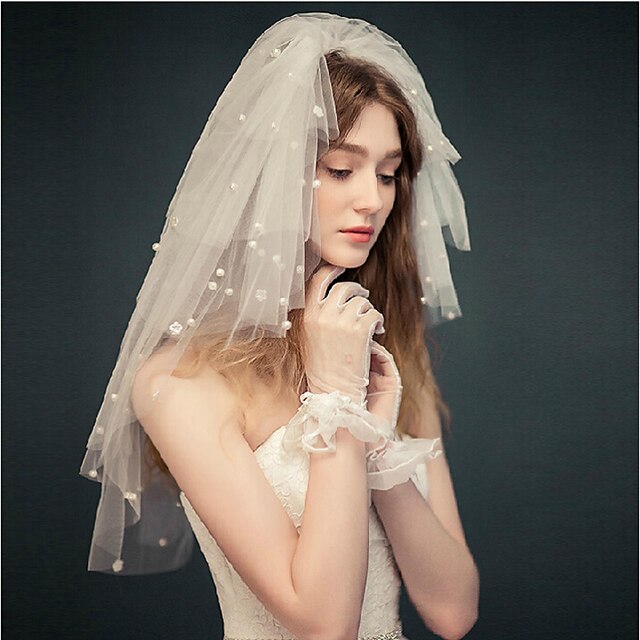  Patru niveluri Margine Tăiată Voal de Nuntă Voaluri de Obraz Voaluri Lungi Până la Cot Cu Perle Tulle