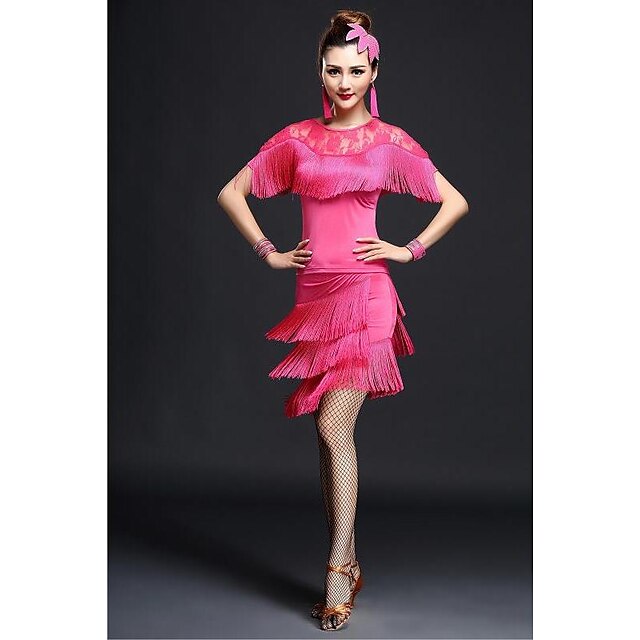  Latin Dance Dresses Women's Performance Milk Fiber Lace / Tassel Short Sleeves High Dress / Tanga