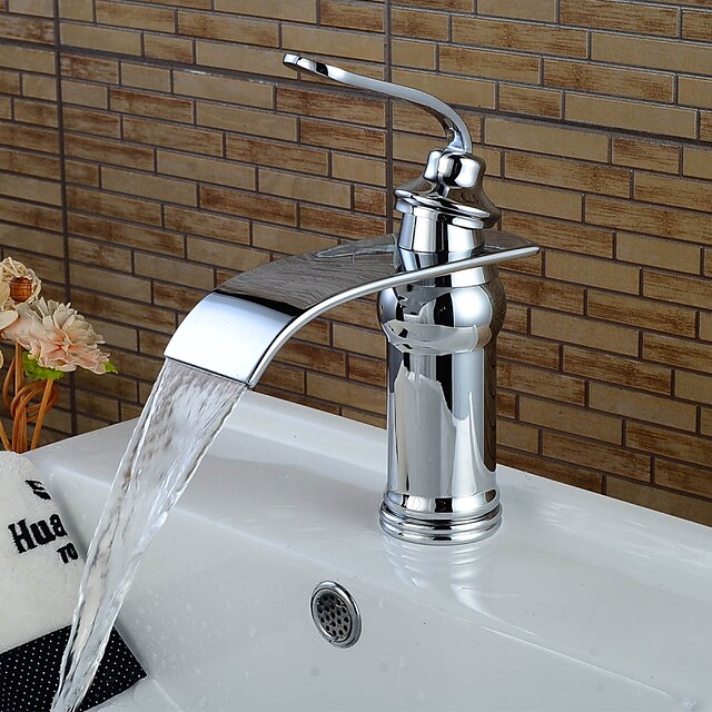  Contemporary Centerset Waterfall Ceramic Valve Single Handle One Hole Chrome, Bathroom Sink Faucet