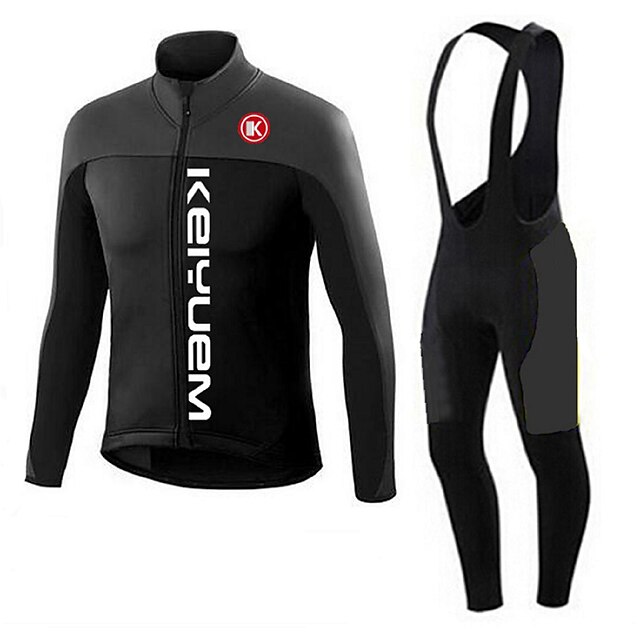  KEIYUEM Manches Longues Maillot et Cuissard Long Avec Bretelles Velo Cyclisme Hiver Toison Coolmax® Maille Noir Vélo Ensembles de Sport Chaud Respirable La peau 3 densités Séchage rapide Poche arrière