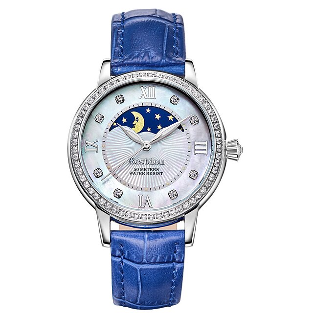  Bestdon Mulheres Relógio de Moda Quartzo Quartzo Japonês Impermeável Fase da lua Couro Banda Luxuoso Branco Azul VermelhoBranco Vermelho