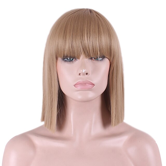  Synthetic Wig Straight Yaki Straight Yaki Bob With Bangs Wig Medium Length Blonde Synthetic Hair Women's Natural Hairline Brown