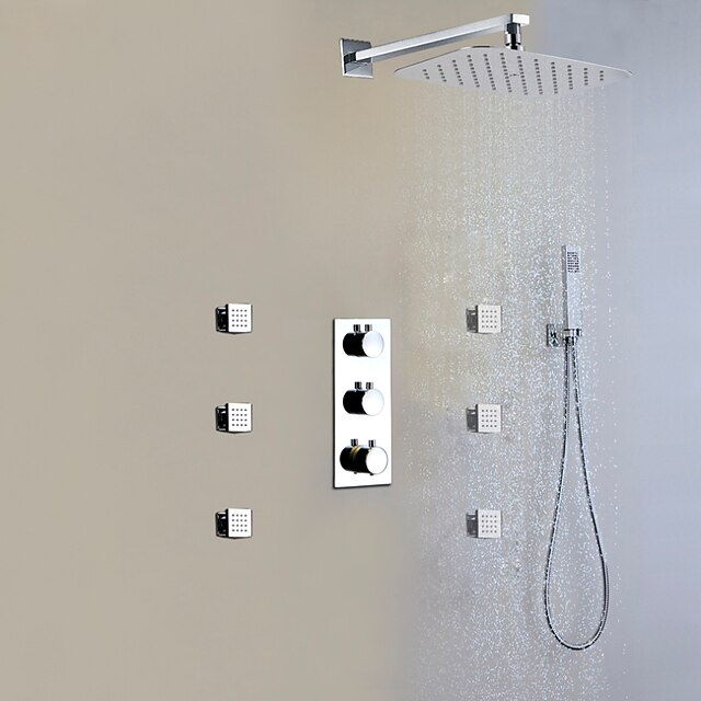  Shower Faucet Set - Handshower Included Thermostatic Rain Shower Contemporary Chrome Wall Mounted Brass Valve Bath Shower Mixer Taps