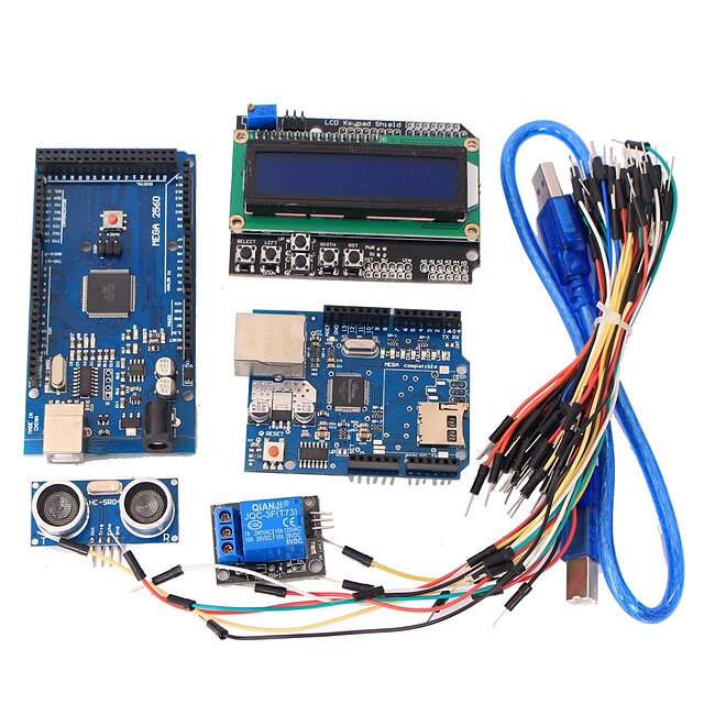  Werkzeuge mega 2560 r3 Board + Ethernet-W5100 + Relais + Steckbrett-Kabel + hc-SR04-Sensor-Kit für Arduino Lernen
