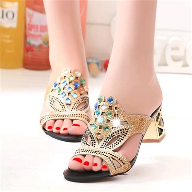  Women's Glitter Crystal Sequined Jeweled Outdoor Summer Crystal Chunky Heel Leatherette Black Golden Royal Blue