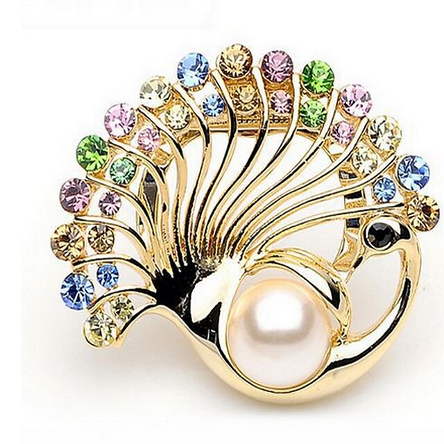  Femme Broche Paon Luxe Mode Perle Imitation Diamant Broche Bijoux Doré Pour Quotidien Décontracté