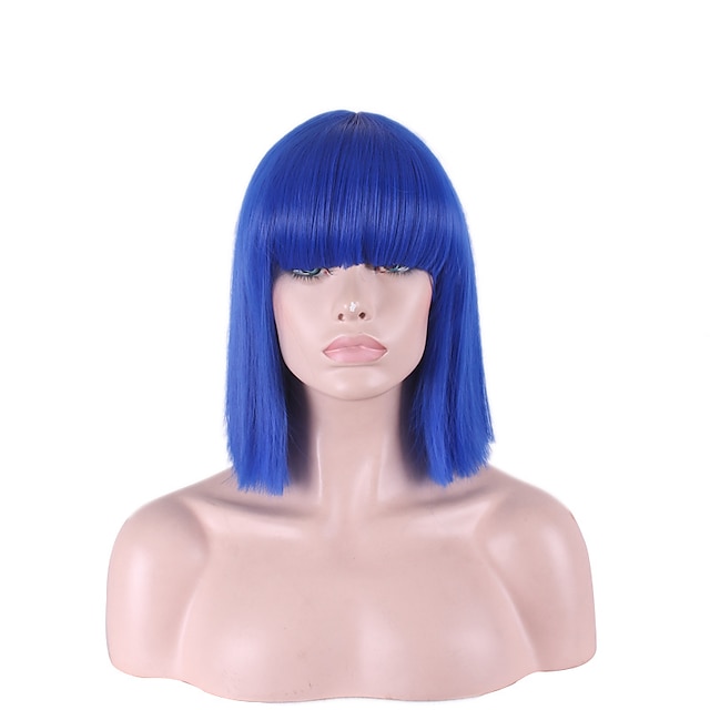  Blue wig Synthetic Wig Straight Straight With Bangs Wig Dark Blue Synthetic Hair Women‘s Blue Halloween Wig