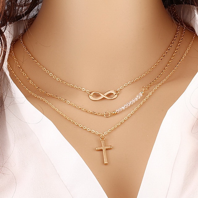  Women's Pendant Necklace Layered Cross Infinity Ladies Fashion Multi Layer Gold Plated Yellow Gold Alloy Golden Necklace Jewelry For Party Daily Casual