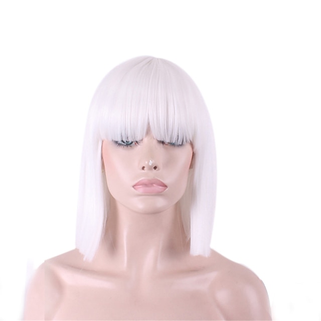  White Wig Synthetic Wig Straight Yaki Kardashian Straight Yaki Bob With Bangs Wig Medium Length White Synthetic Hair Women‘s White