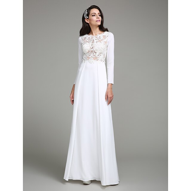  Sheath / Column See Through Formal Evening Dress Jewel Neck Long Sleeve Floor Length Chiffon with Buttons Appliques 2020
