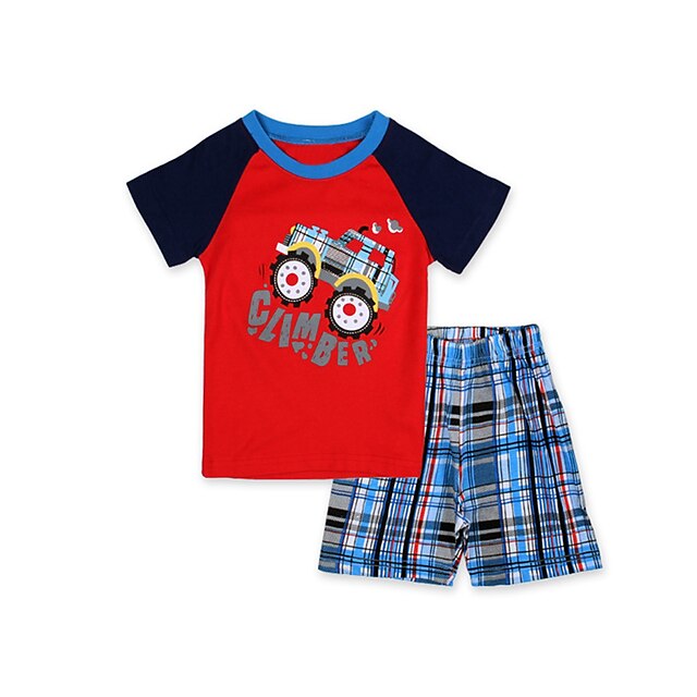  Toddler Boys' Cartoon Daily Patchwork Short Sleeve Cotton Clothing Set / Sleepwear Red