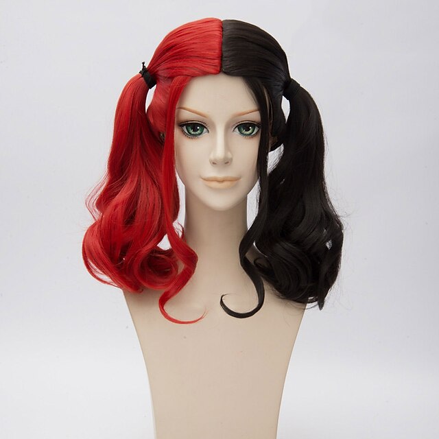  Synthetic Wig Harley Quinn Wavy Wavy Wig Burgundy Synthetic Hair Women's Red