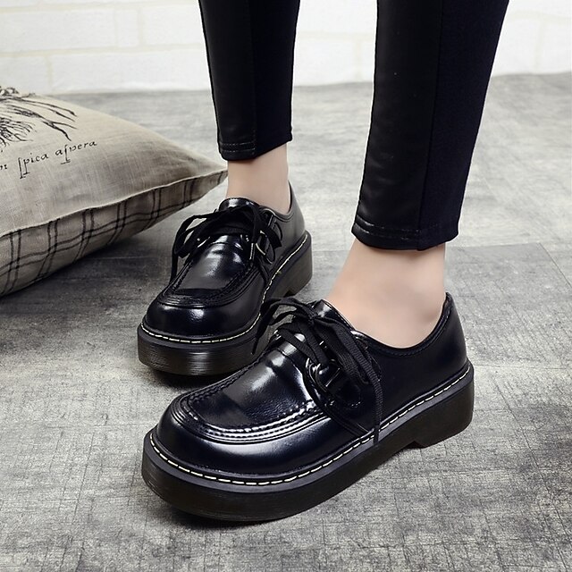 Women's Oxfords Spring Fall PU Casual Platform Creepers Lace-up Black Brown Other