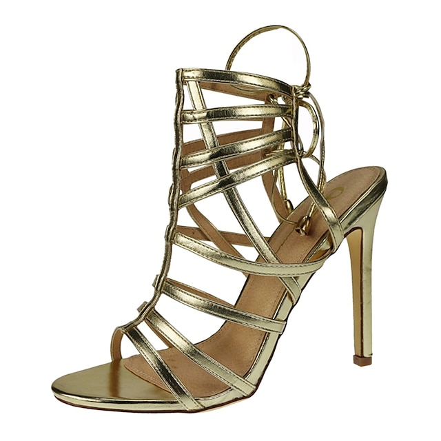  Women's Sandals Stiletto Heel Ankle Strap Casual Dress Party & Evening Lace-up Leatherette Summer Golden / Khaki / Silver